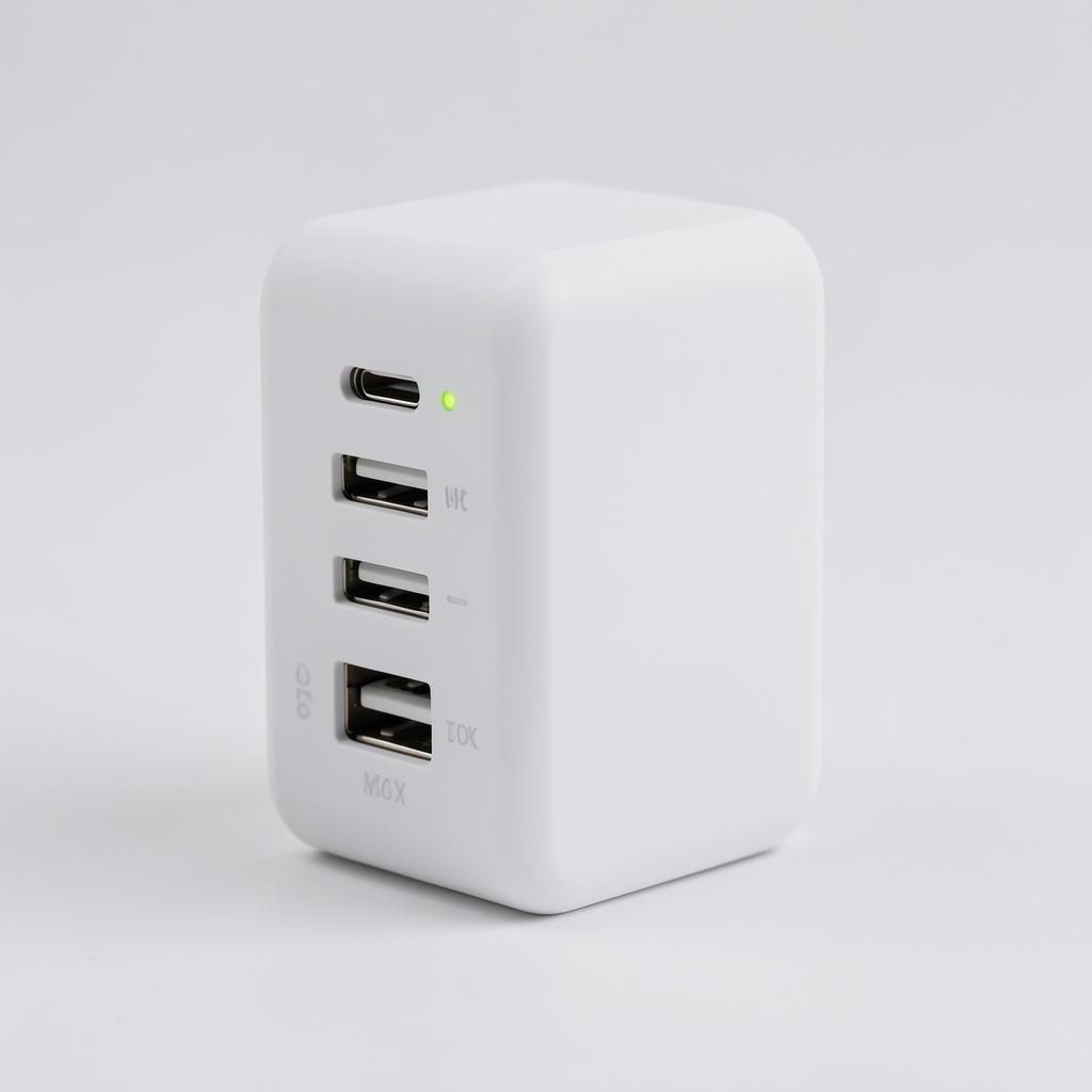 Adaptador universal de viaje blanco con 4 puertos USB y USB-C para más de 150 países con indicador LED