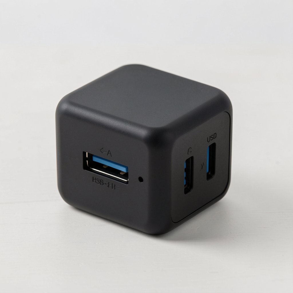 Adaptador universal de viaje con tomas para más de 150 países, puertos USB-A y USB-C, color negro compacto