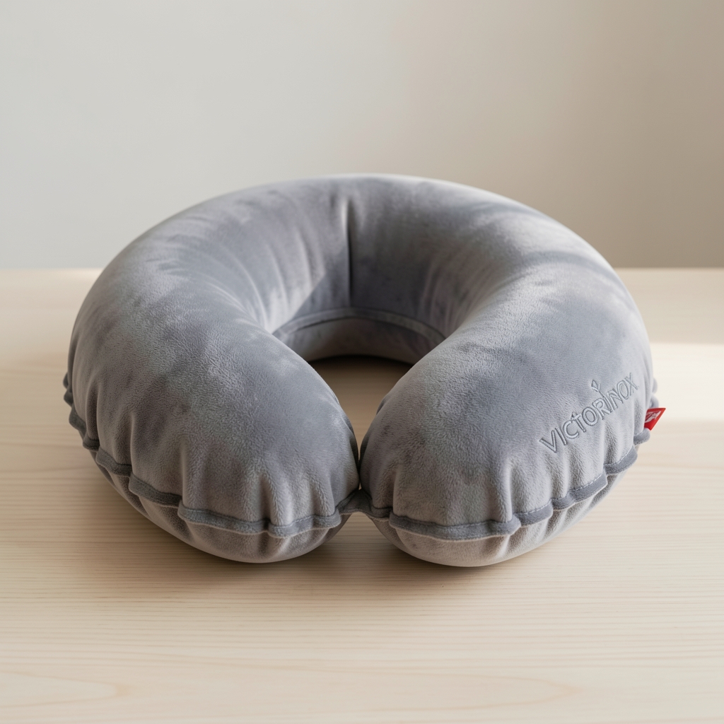 Almohada cervical de viaje Victorinox inflable gris con cubierta de terciopelo y bolsa de transporte compacta