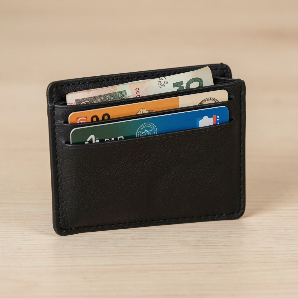 Billetera de viaje con bloqueo RFID color negro de cuero vegano, billetera delgada con capacidad para 8 tarjetas y compartimento para billetes en múltiples divisas