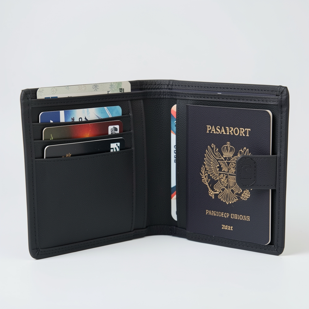 Billetera de viaje delgada con bloqueo RFID color negro carbón, con separadores de tarjetas y compartimento para pasaporte