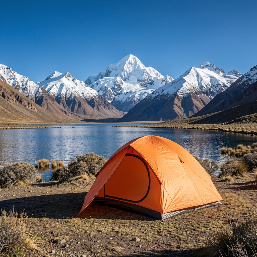 Campamento de camping ligero ultralight en la Patagonia argentina con carpa ultraliviana naranja frente al lago y montañas nevadas al fondo bajo cielo azul intenso
