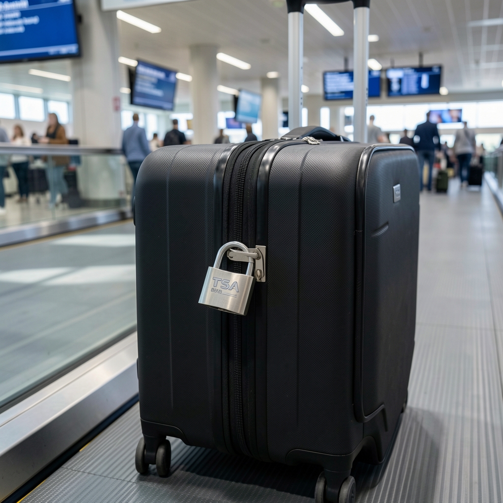 Primer plano de candado TSA aprobado plateado asegurado en la cremallera de una valija rígida negra en cinta transportadora de aeropuerto internacional
