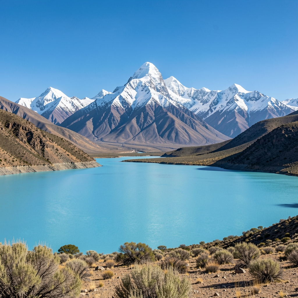 Paisaje de la Patagonia argentina con lago azul turquesa y montañas nevadas al fondo bajo cielo azul despejado