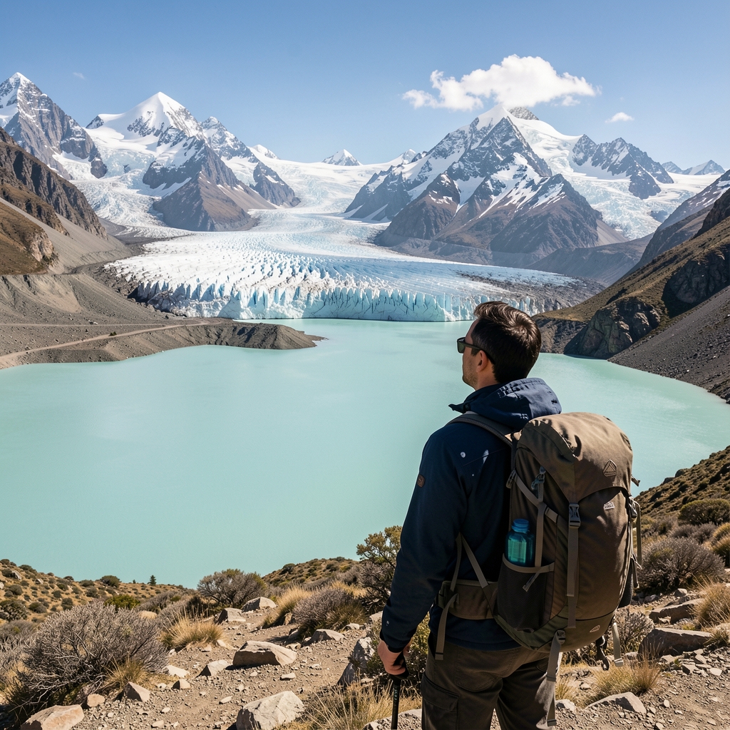 Paisaje de la Patagonia argentina con lago glaciar turquesa, montañas nevadas de Los Glaciares y viajero con mochila de trekking observando la vista
