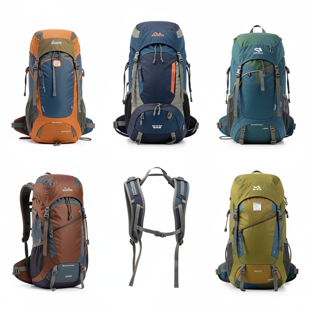 Tabla comparativa visual de mochilas de trekking de diferentes marcas apoyadas sobre fondo blanco, mostrando diferencias en tamaño y sistema dorsal para ayudar a elegir
