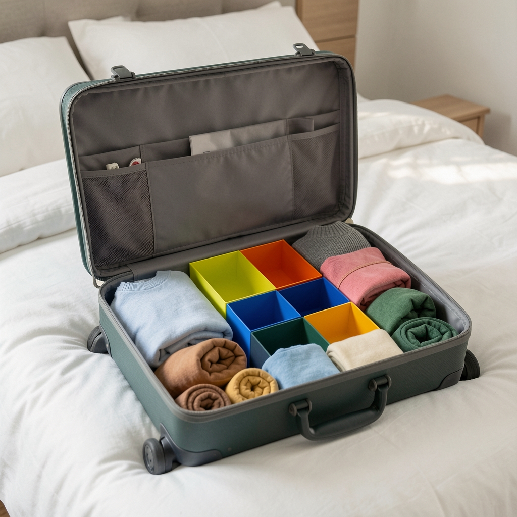 Maleta mediana abierta sobre cama blanca, perfectamente organizada con cubos de compresión azules y grises, ropa enrollada y accesorios en bolsillos laterales