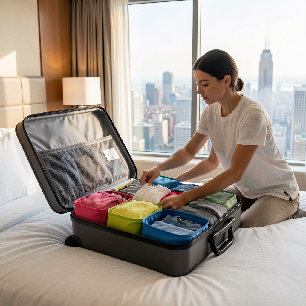Persona organizando ropa en packing cubes de colores dentro de una valija abierta sobre cama de habitación de hotel con vista a ciudad