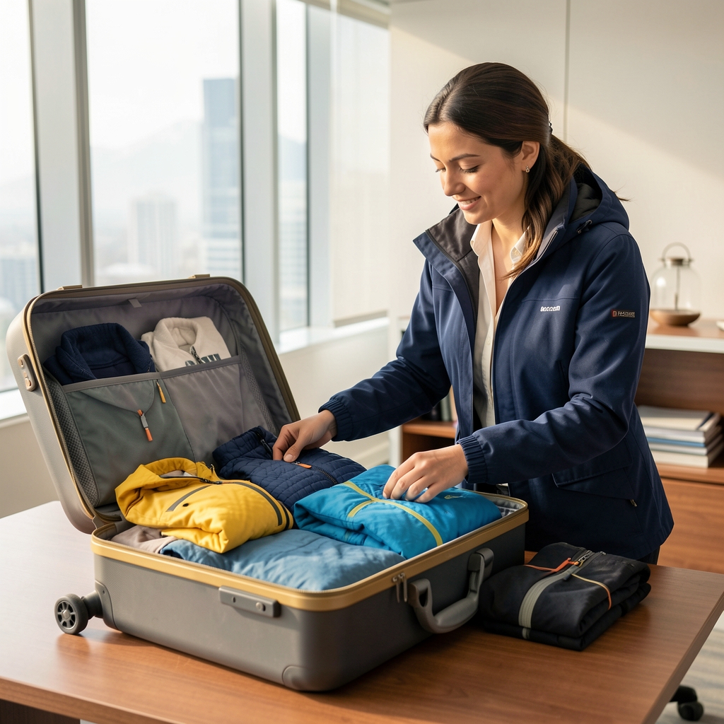 Viajera argentina preparando valija con ropa para climas extremos, combinando ropa de verano e invierno para un viaje de negocios intercontinental