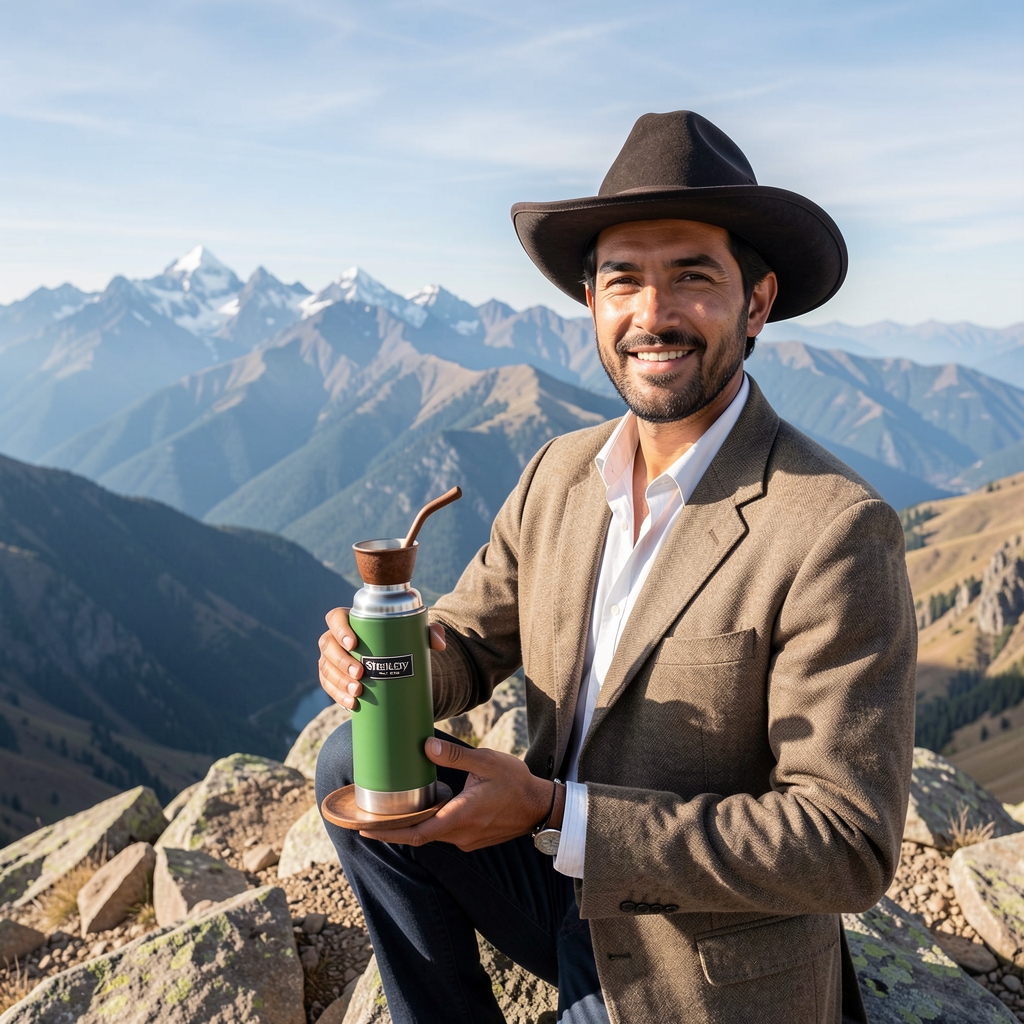 Gaucho argentino con termo Stanley verde y mate tradicional en la cima de una montaña con panorama de la cordillera andina mendocina al fondo