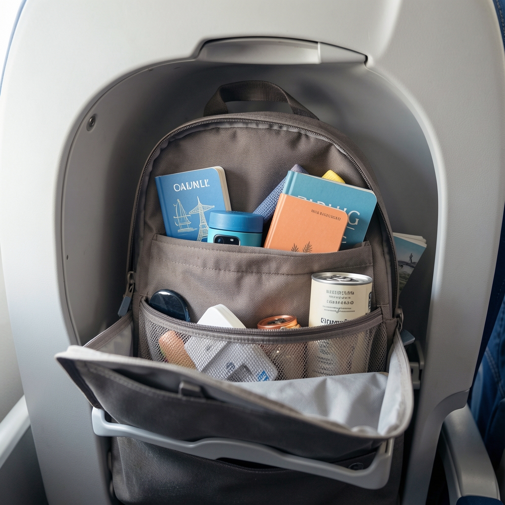 Mochila de cabina pequeña en portaequipaje de avión low cost con artículos de viaje organizados, representando el concepto de viaje minimalista sin valija documentada