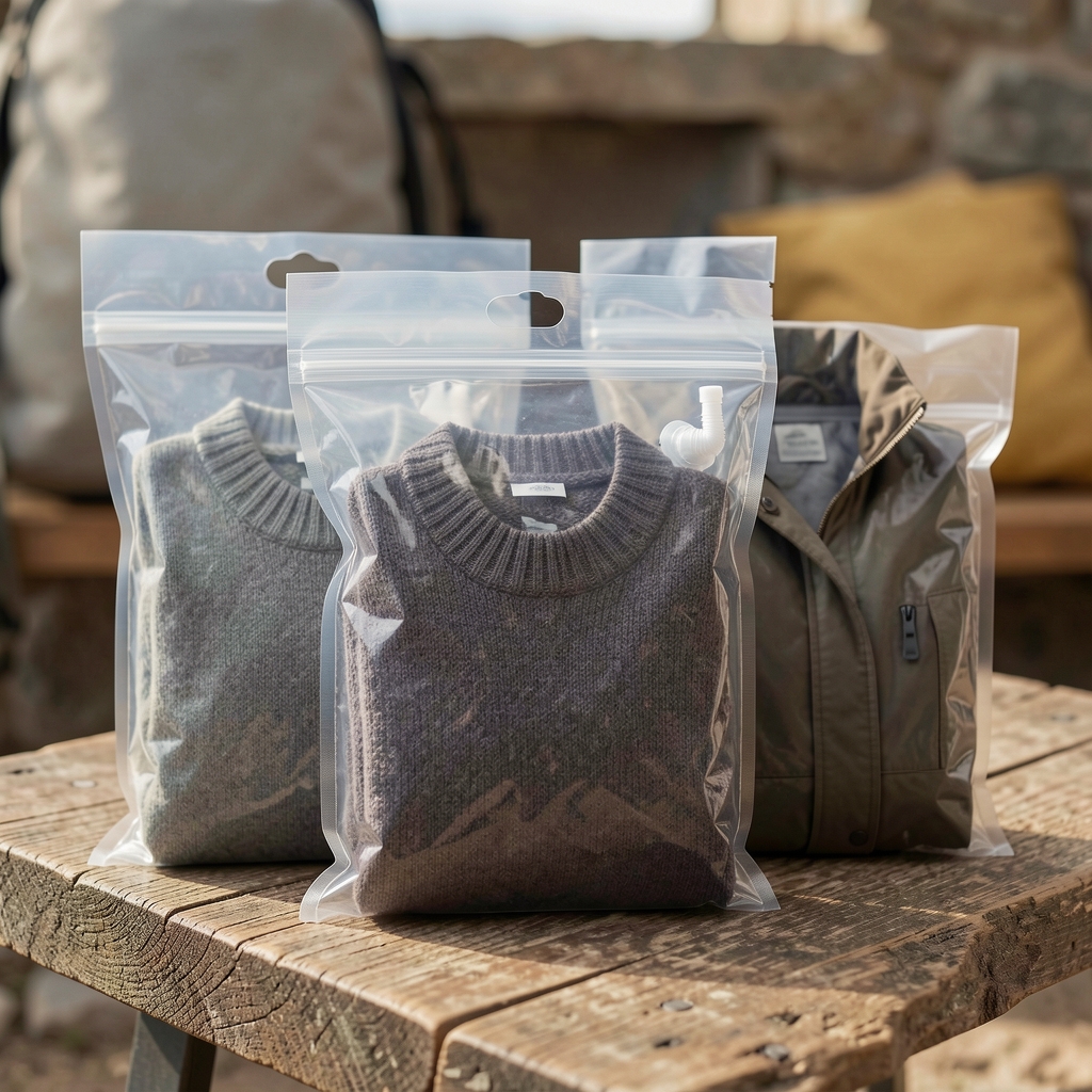 Bolsas de compresión para ropa de viaje transparentes con cierre hermético doble y válvula de aire, tres tamaños para sweaters y ropa de abrigo patagónica