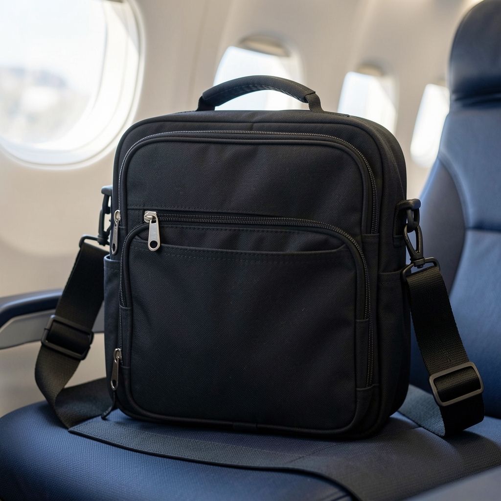 Bolso de mano de viaje negro para cabina de avión con múltiples compartimentos y correa ajustable