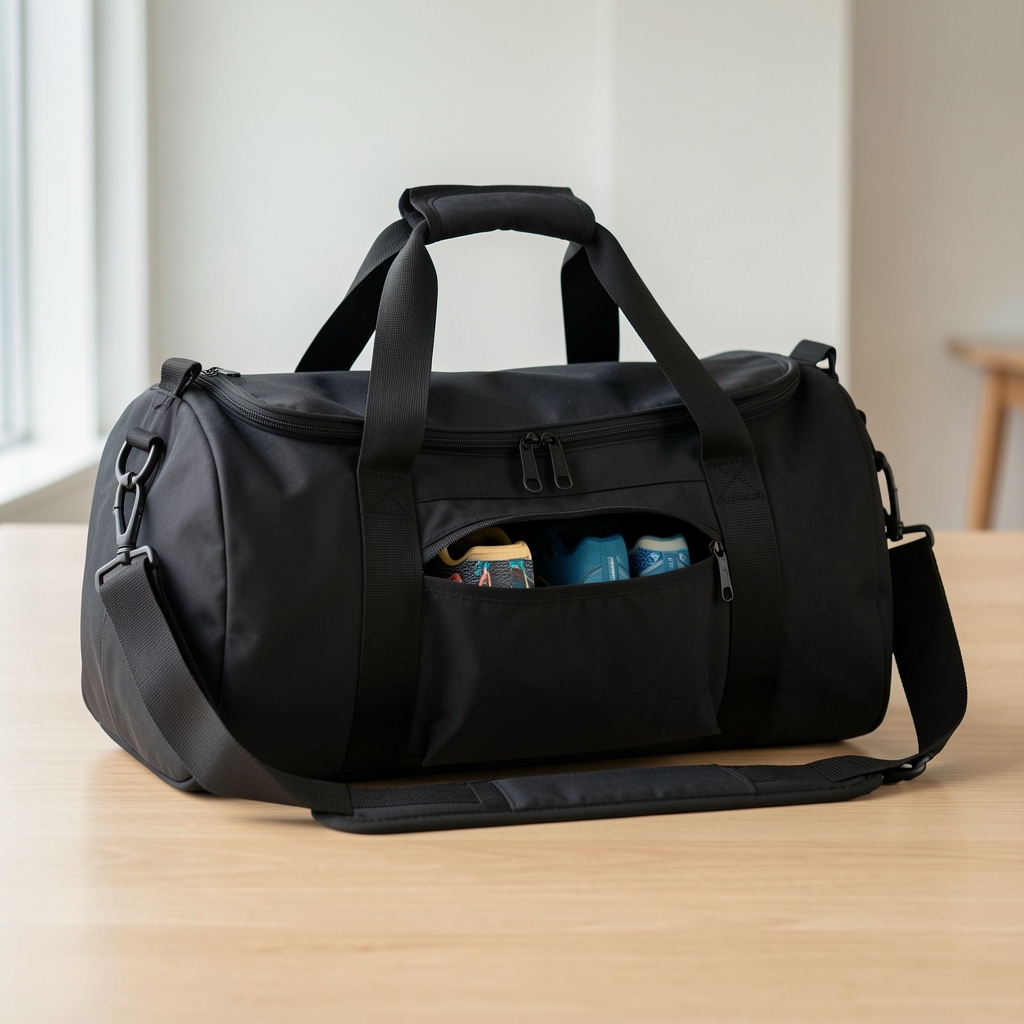 Bolso duffle deportivo negro de nylon 40 litros para gym y viajes de fin de semana con compartimento para zapatos separado y correa de hombro ajustable