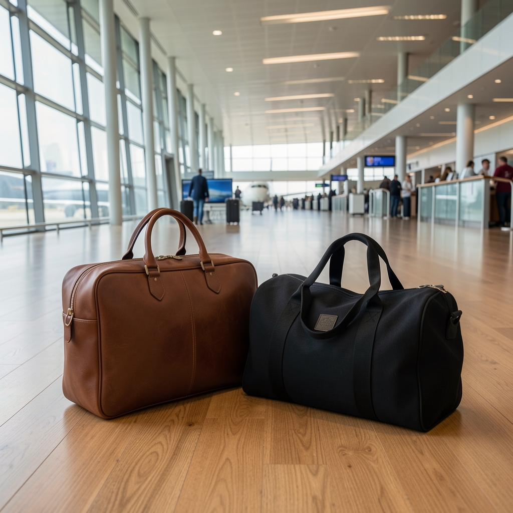 Maletín de negocios de cuero marrón y bolso de viaje duffle negro sobre piso de madera en aeropuerto moderno, equipaje de mano premium para viajeros frecuentes