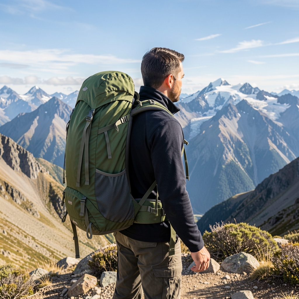 Viajero con mochila de trekking de 55 litros color verde en montaña con vista panorámica de cordillera patagónica, mochila con correas ergonómicas y bolsillos laterales