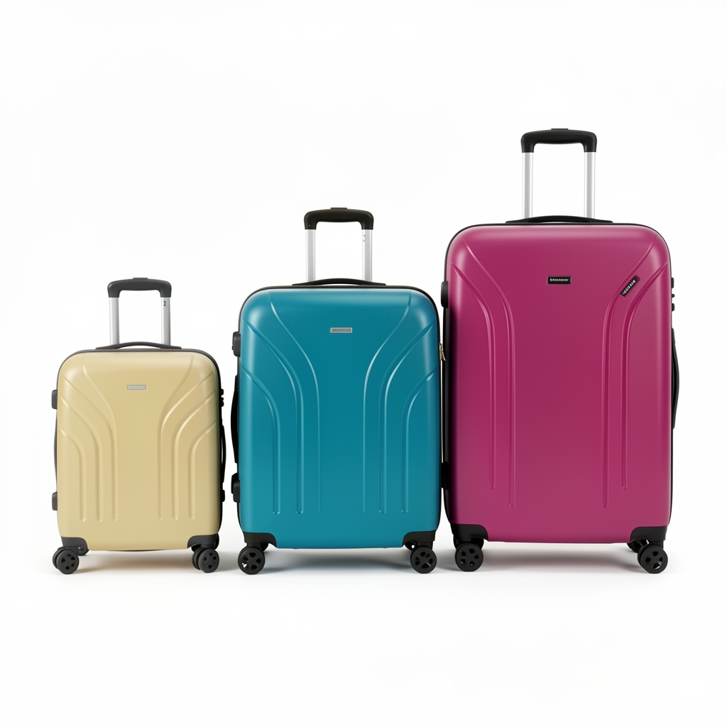 Colección de valijas modernas de diferentes tamaños y colores alineadas en fondo blanco: valija de cabina pequeña, mediana y grande de cáscara rígida policarbonato