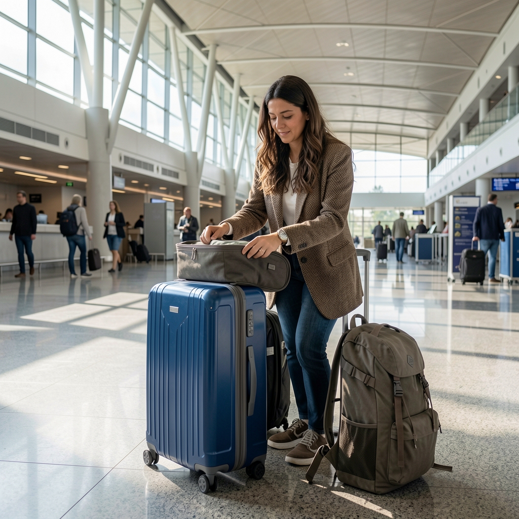 Viajera argentina en aeropuerto internacional organizando equipaje premium con valija rígida azul y mochila de viaje sobre fondo de terminal moderna con luz natural