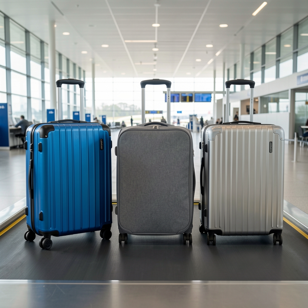 Tres valijas en cinta de aeropuerto con diferentes materiales y colores para comparativa