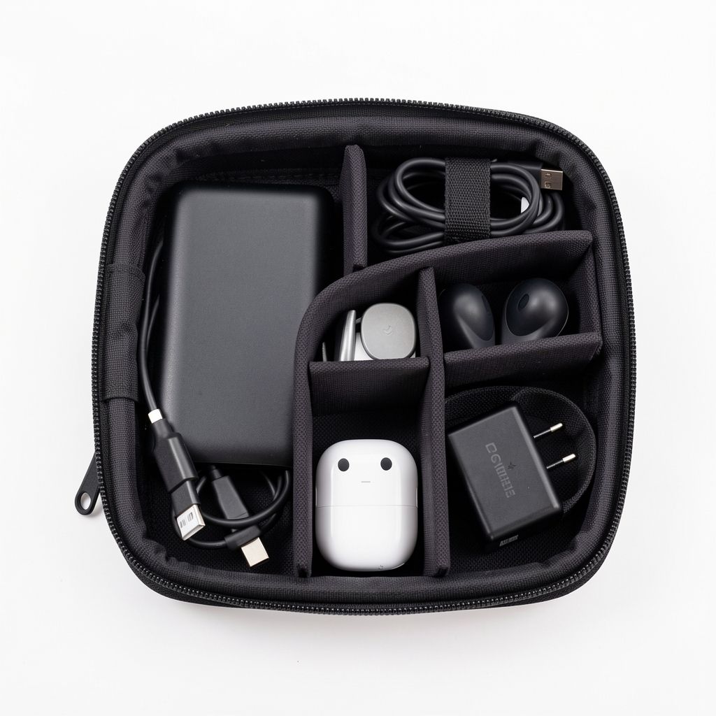 Organizador de electrónica de viaje negro con divisores internos para cables USB-C, power bank, auriculares inalámbricos y adaptador universal sobre fondo blanco