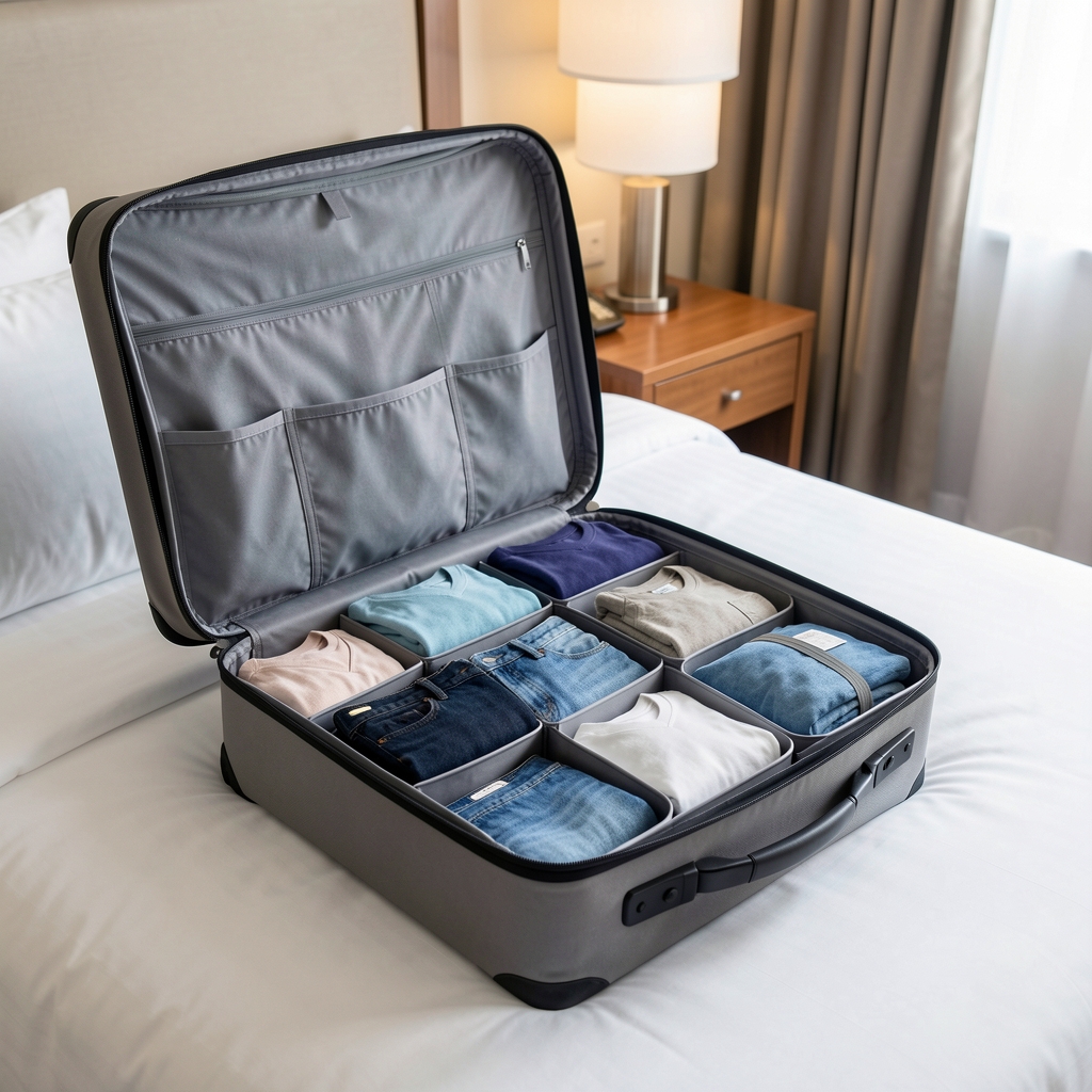 Set de packing cubes organizadores de diferentes tamaños abiertos mostrando ropa doblada ordenada en valija abierta sobre cama de hotel, organización perfecta de equipaje