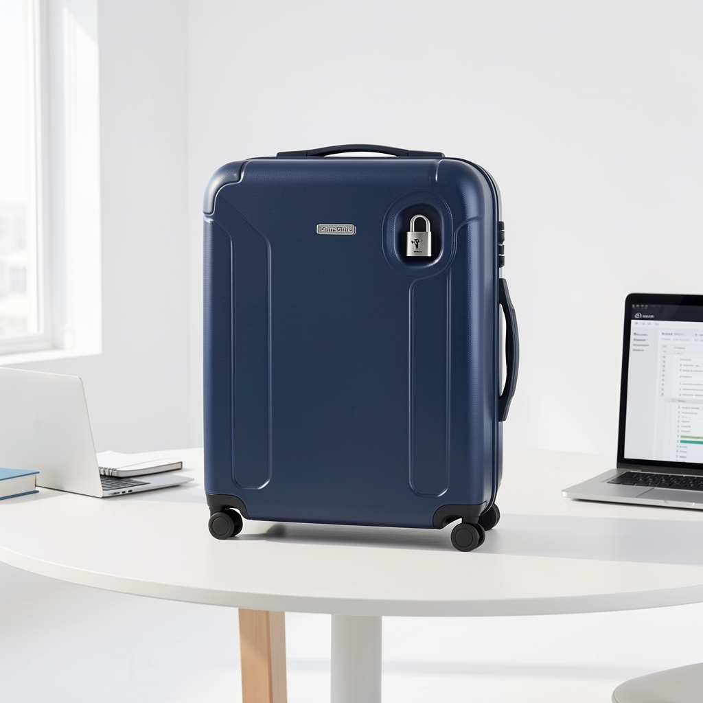 Valija Explorer Pro 25 Hardshell de Samsonite en color azul marino con candado TSA integrado sobre fondo blanco de estudio