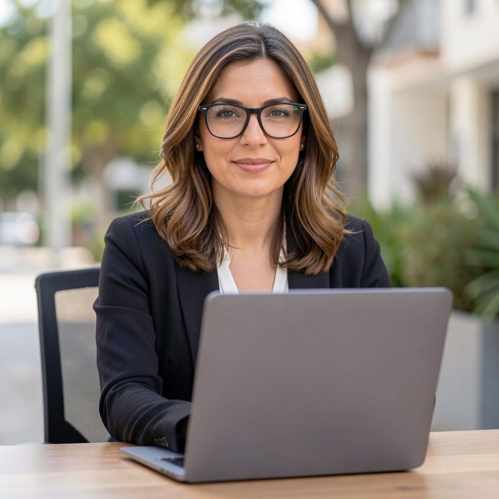 Sofía Rodríguez, directora de contenido de Traviora, con laptop en escritorio moderno, con cabello castaño y lentes