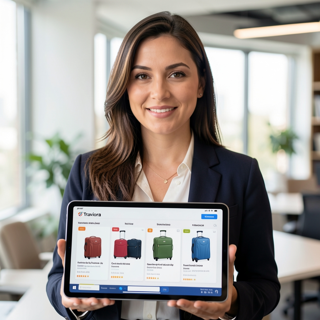 Valentina López, analista de producto de Traviora, con tablet mostrando comparativa de valijas, en oficina luminosa
