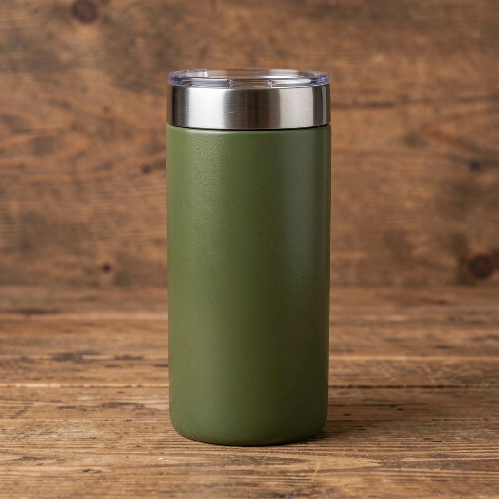 Termo Stanley Classic Legendary color verde oliva con tapa vaso, acero inoxidable, sobre fondo de madera natural